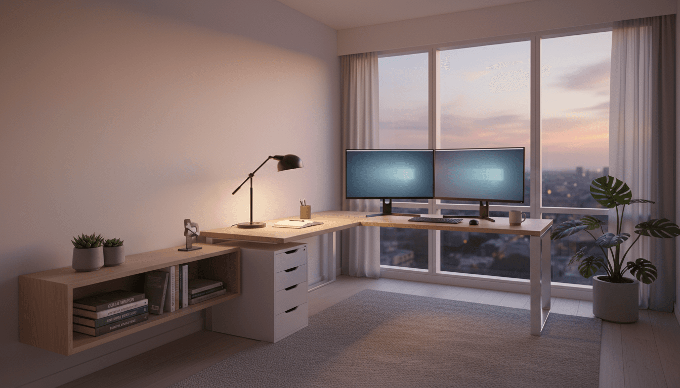 Quiet office desk with a phone at dusk