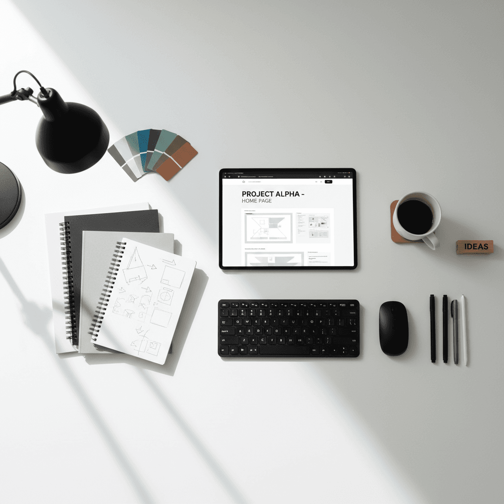 Top-down view of a design workspace with a tablet showing a color palette