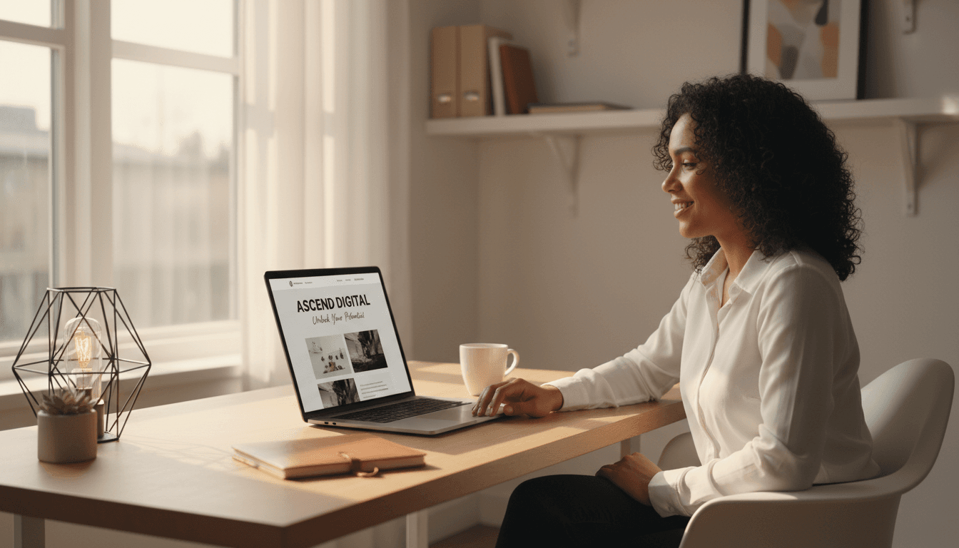 Small business owner smiling at their new website on a laptop