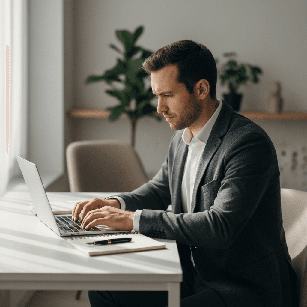 Professional man wearing a headset working at a desk in a bright home office