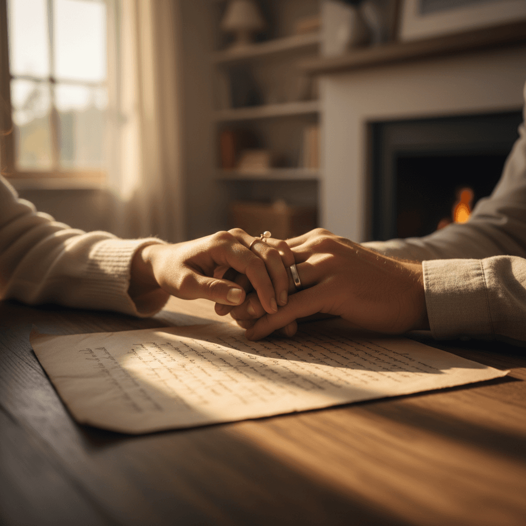 Two hands exchanging a handwritten note