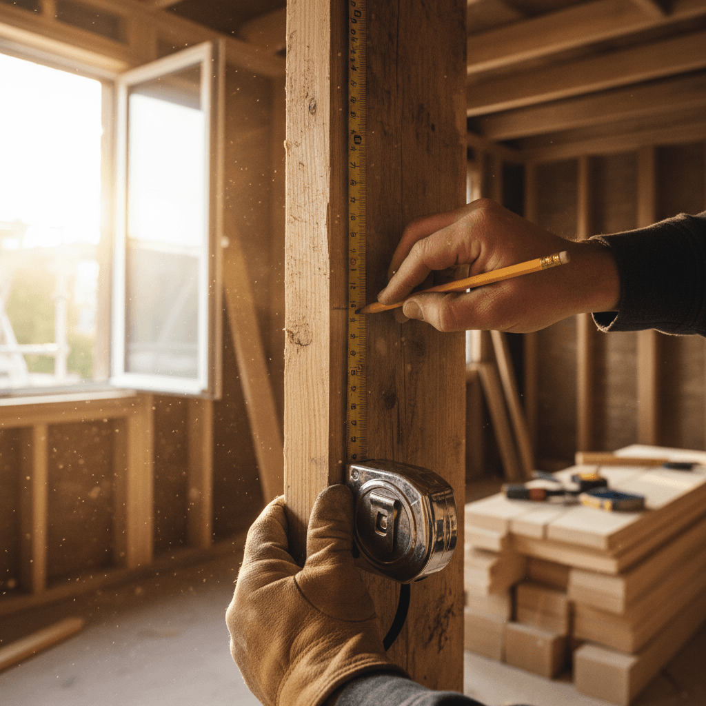 Builder's hands securing a wooden frame joint